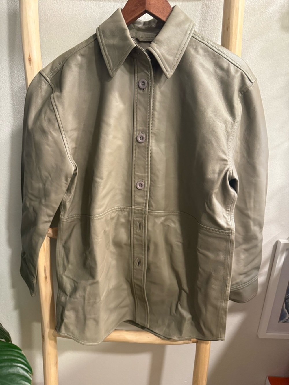 Quince Olive-Tone Leather Button-Up Jacket